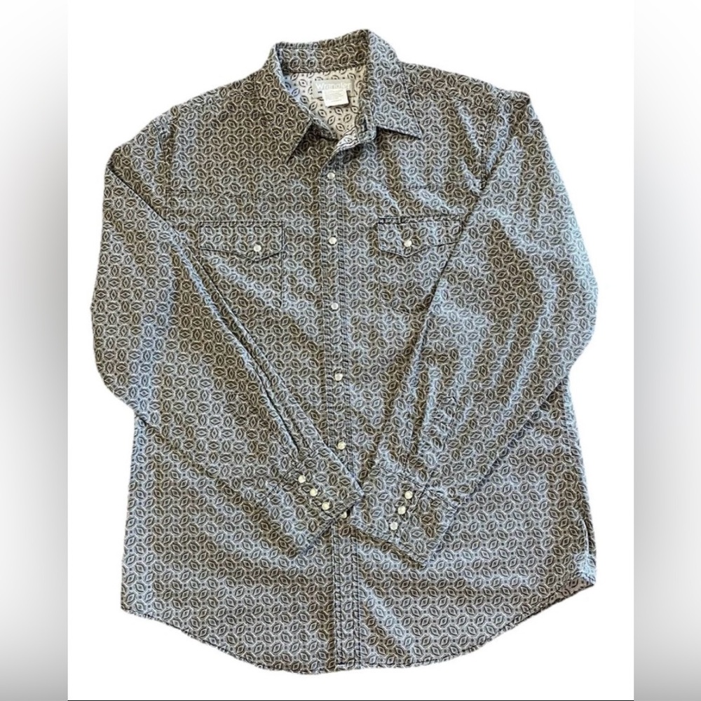 Wrangler Western Shirt-Pearl Snap-Men's L-Tan Brown Geometric‎ Print-Wrancher